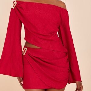 Fashion Nova Red Off-Shoulder Set with Buckle